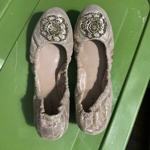 Tahari Metallic Gold Ballet Flats with Floral Embellishment - Size 8 1/2
